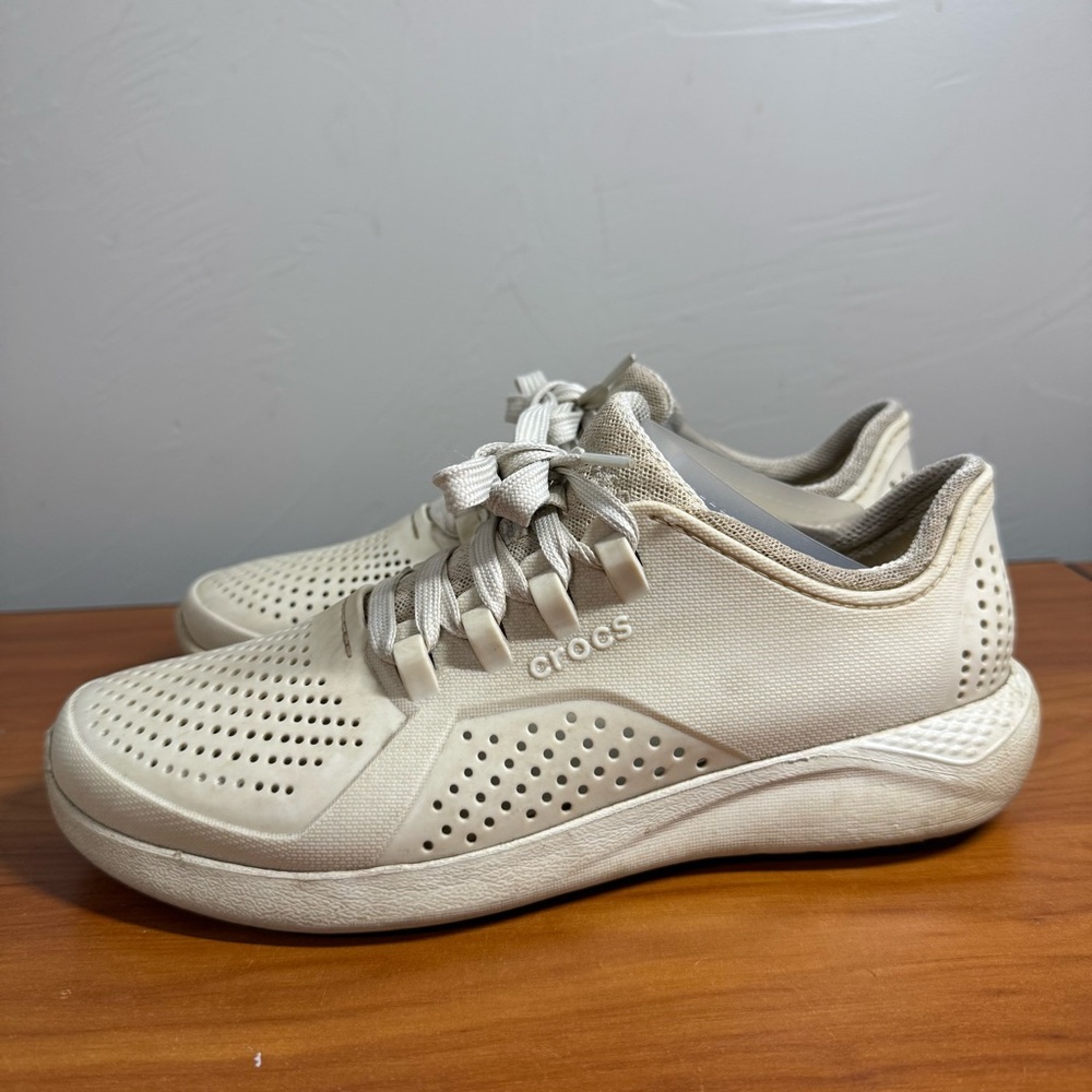Crocs LiteRide Pacer Perforated Sneakers 205234 Lightweight Lace Up Off White 9